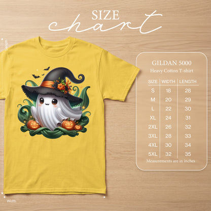 Yellow Gildan 5000 t-shirt with a cute ghost graphic and size chart.