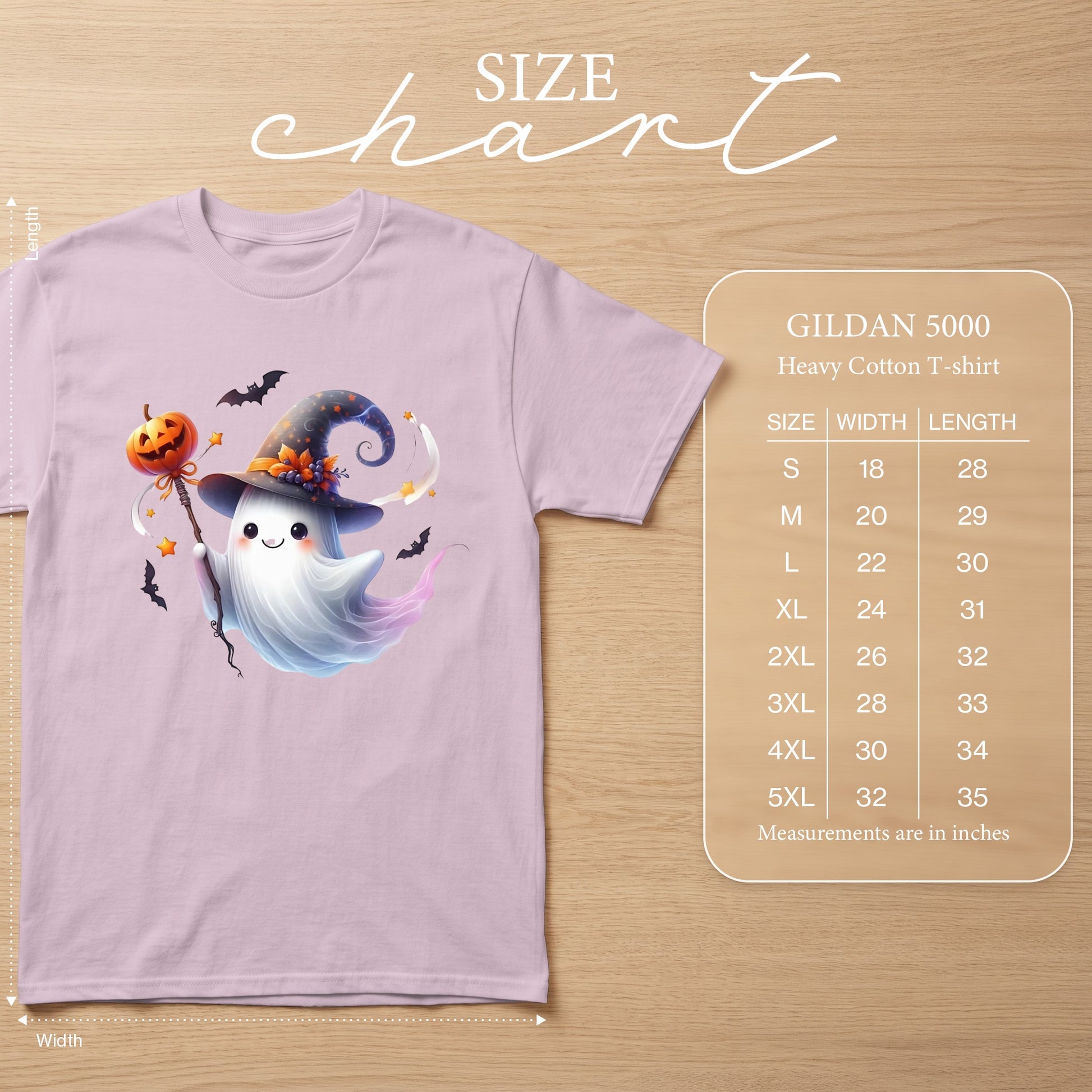 Light pink t-shirt with Halloween ghost graphic and Gildan 5000 size chart.