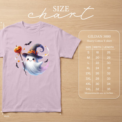 Light pink t-shirt with Halloween ghost graphic and Gildan 5000 size chart.