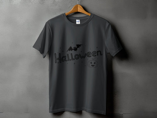 Dark gray t-shirt with "Halloween" text, a bat, and a pumpkin graphic.