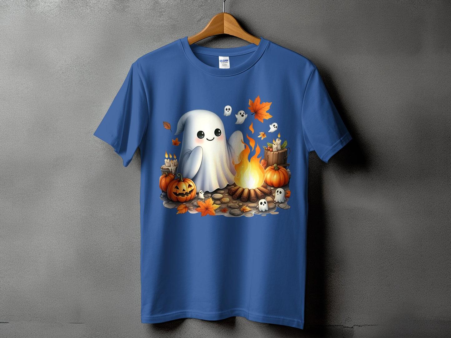Cute ghost by a campfire with pumpkins, leaves, and candles.