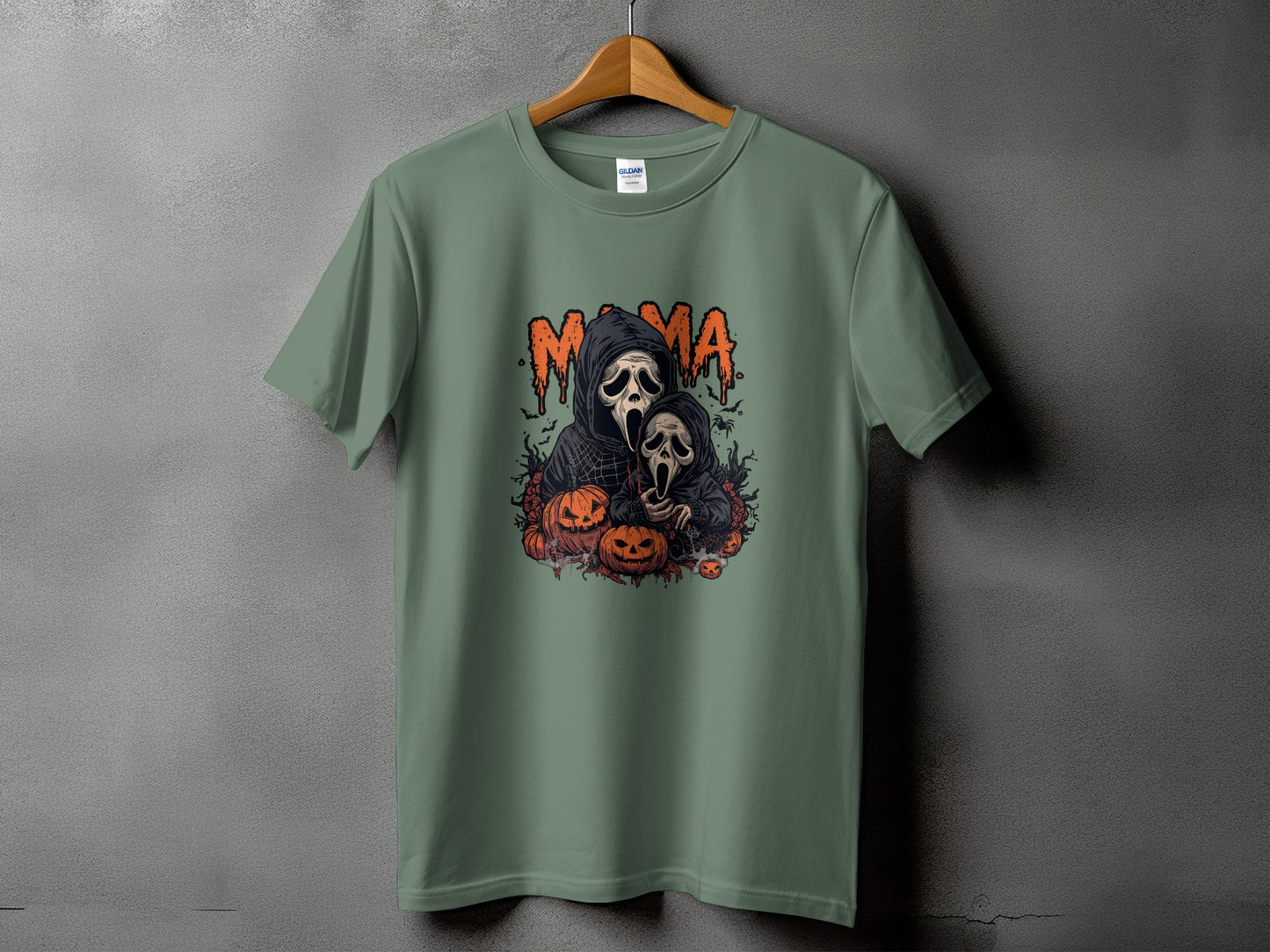 Green t-shirt with "Mama" text and Ghostface-inspired figures with pumpkins.