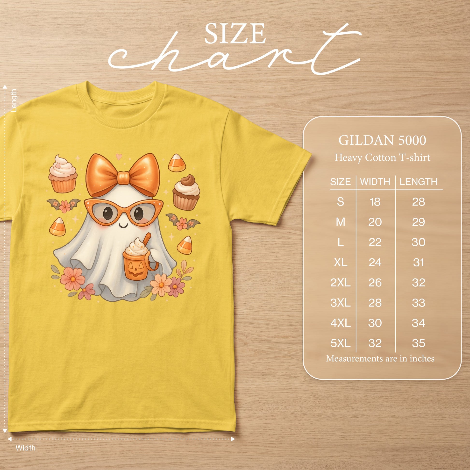 Yellow t-shirt with cute ghost graphic and Gildan 5000 size chart.