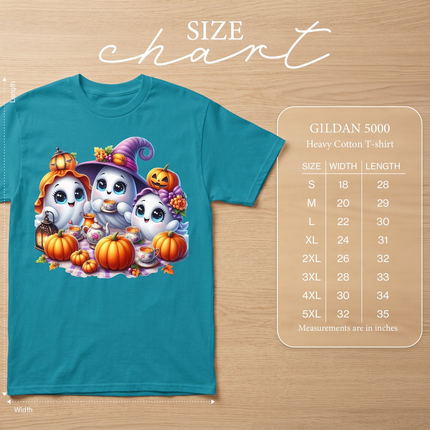 Teal t-shirt with ghosts, pumpkins, and tea party graphic, with size chart.
