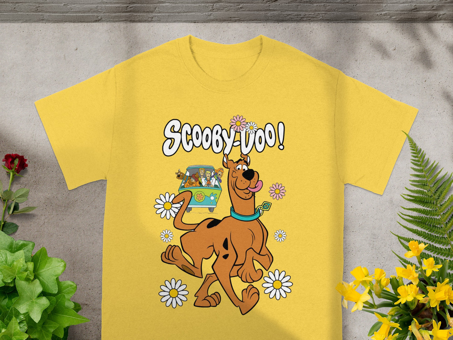 Scooby-Doo cartoon graphic with Scooby and the gang in the Mystery Machine.
