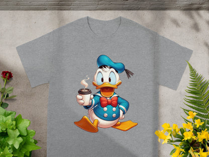 Donald Duck in blue sailor outfit holding a coffee cup.