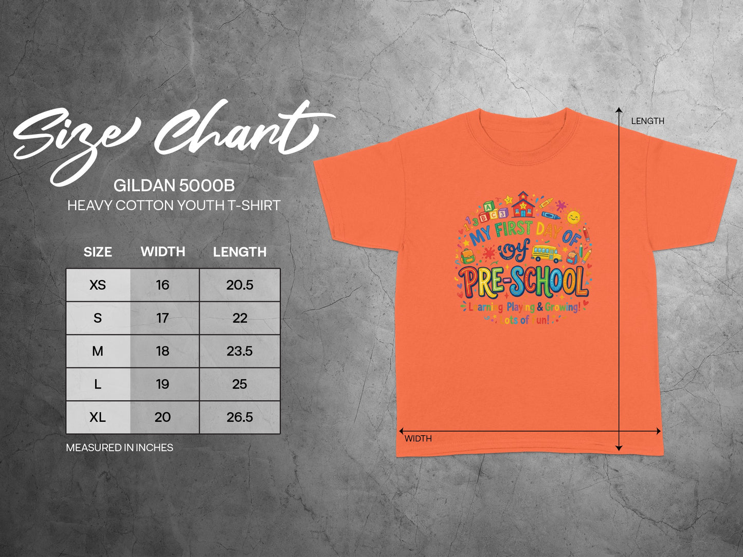 Size chart for Gildan 5000B youth t-shirts with "My First Day of Pre-School" graphic.