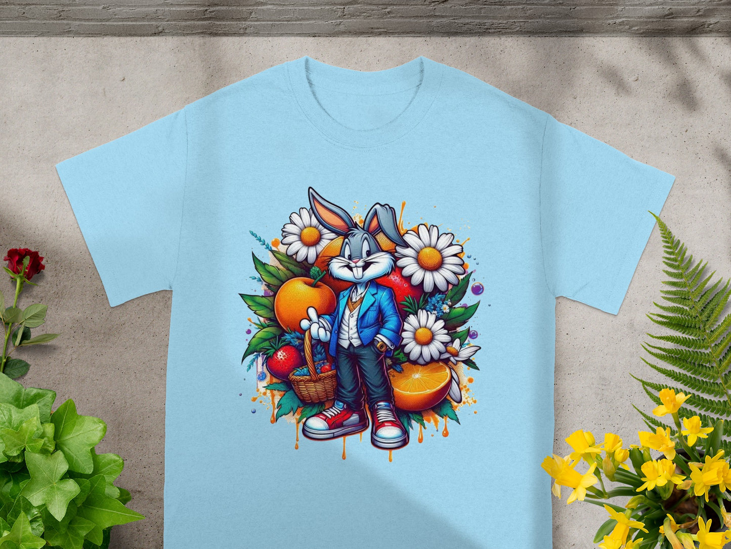 Cartoon Rabbit with Fruits and Flowers T-shirt