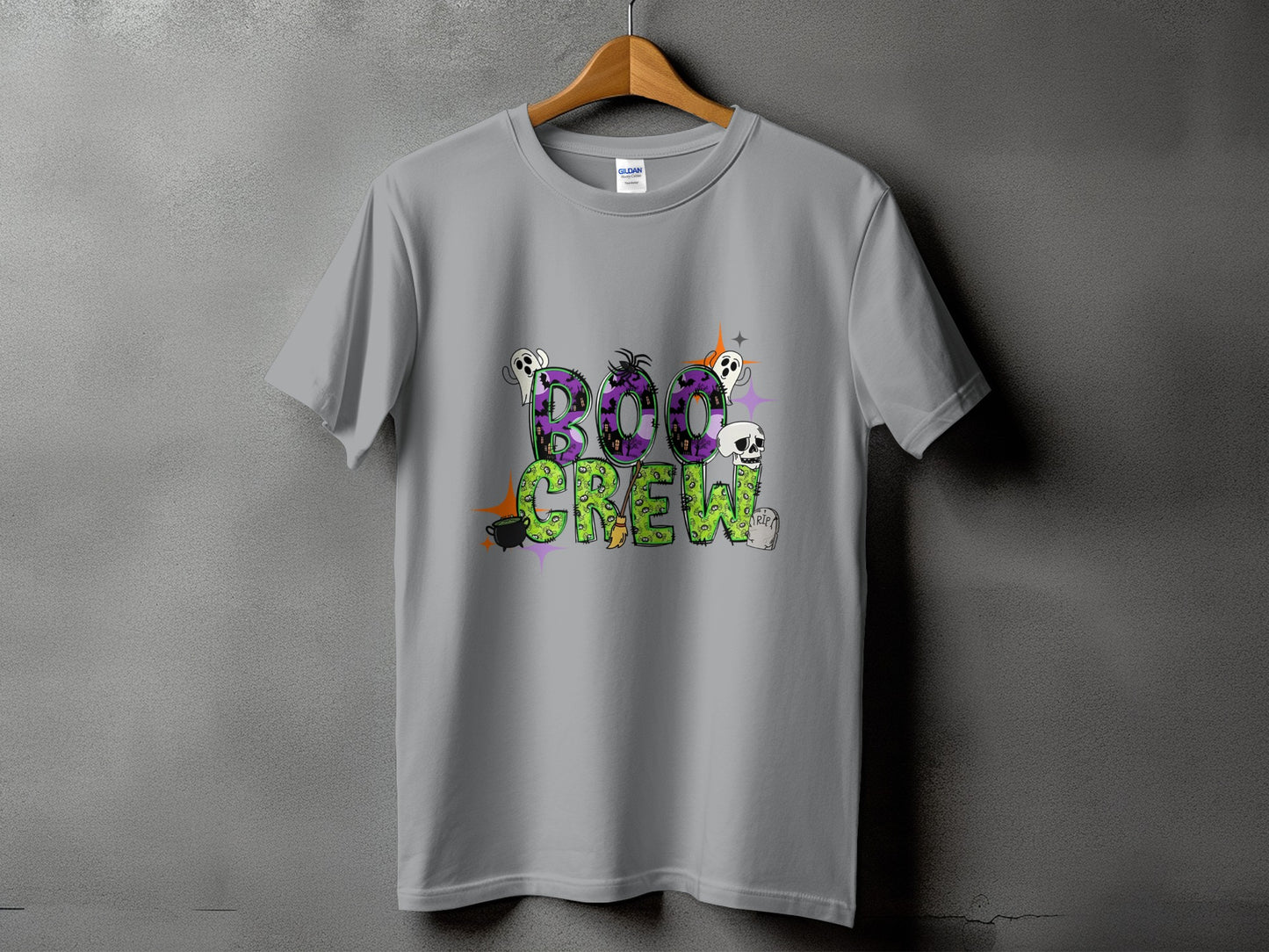 Grey t-shirt with "Boo Crew" text and Halloween illustrations.