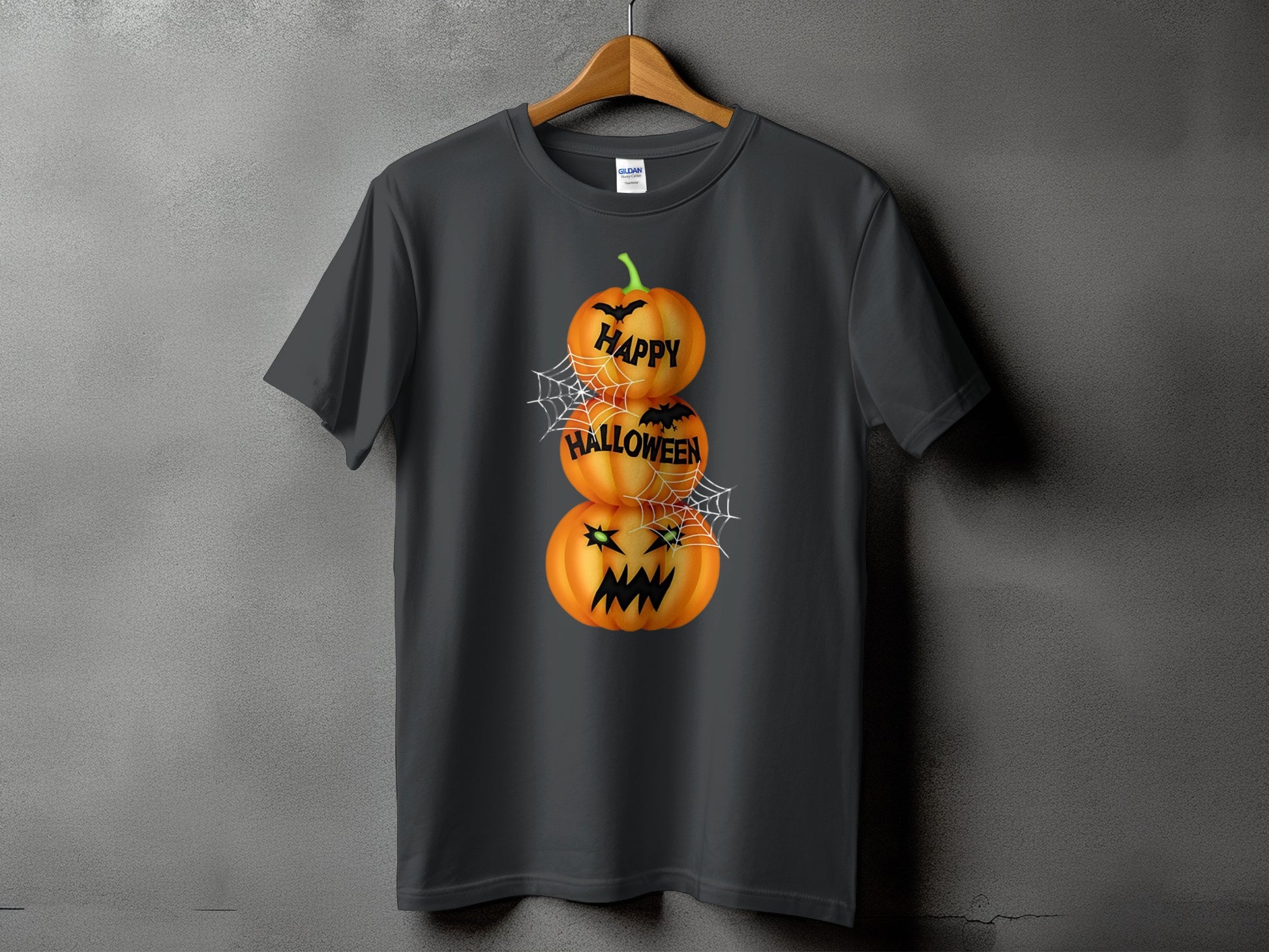 Dark gray t-shirt with stacked jack-o'-lanterns and "Happy Halloween" text.