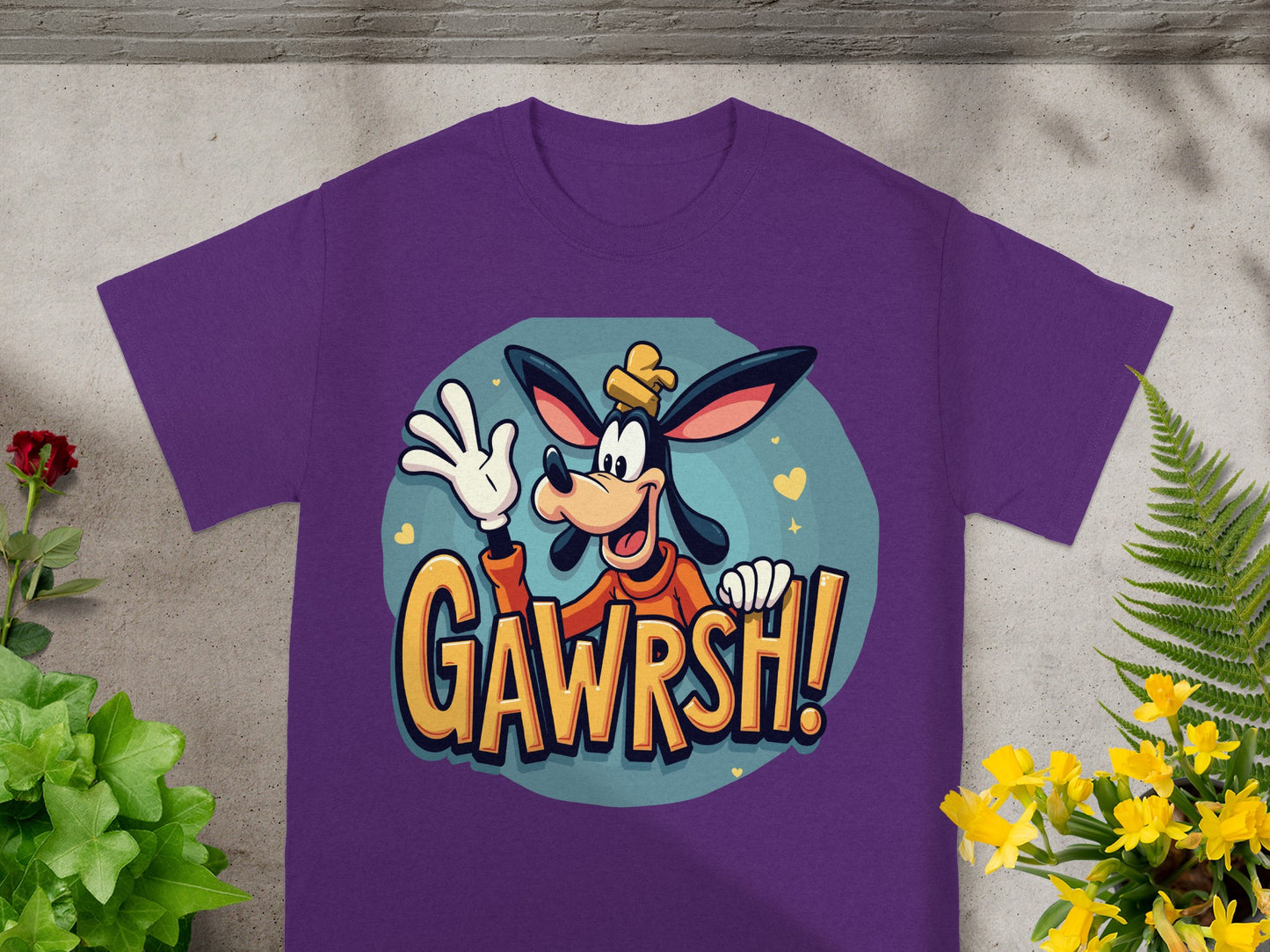 Goofy character on a purple t-shirt with "GAWRSH!" text.