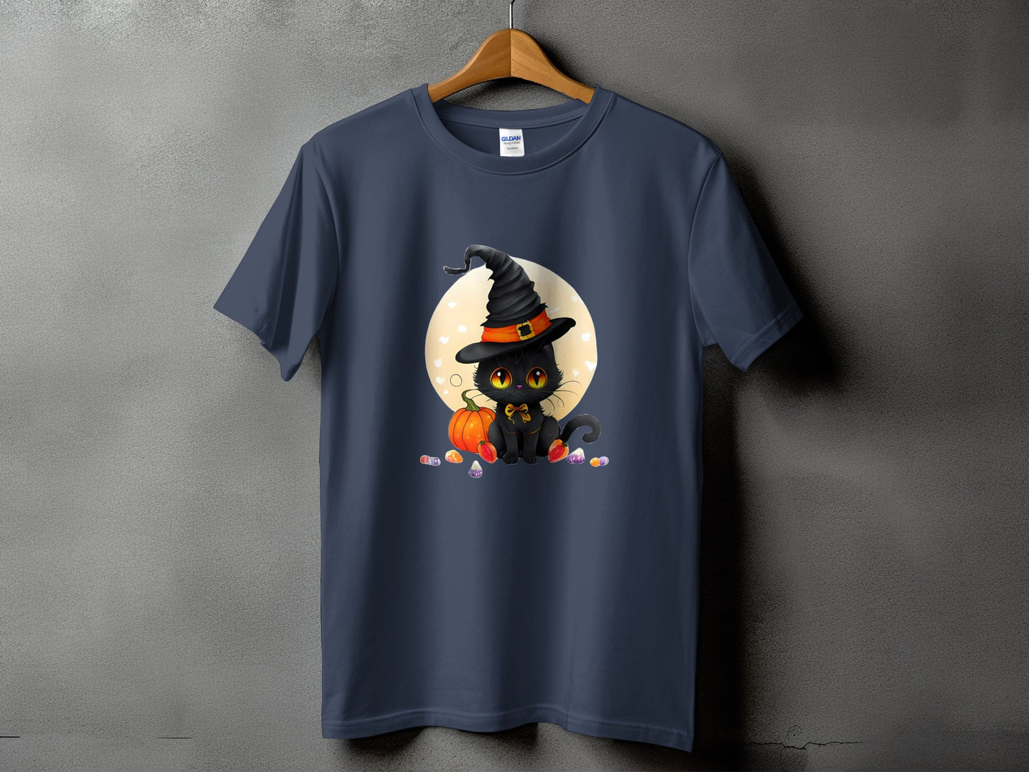 Black cat in witch hat with pumpkin and candy, Halloween graphic.