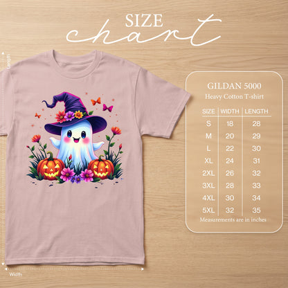 Pink Gildan 5000 t-shirt with cartoon ghost, pumpkins, and flowers design.