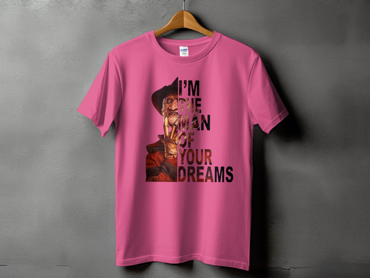 Pink t-shirt with Freddy Krueger graphic and text "I'M THE MAN OF YOUR DREAMS".