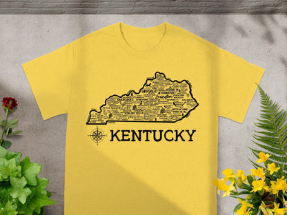 Kentucky Map Graphic Shirt with State Cities Names Design