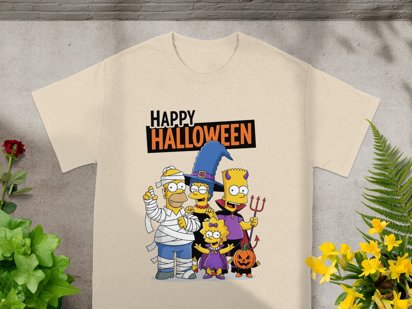 The Simpsons Halloween t-shirt features characters in costumes with "Happy Halloween" text.