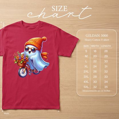 Red t-shirt with cartoon ghost riding bicycle with flowers; GILDAN 5000 size chart.