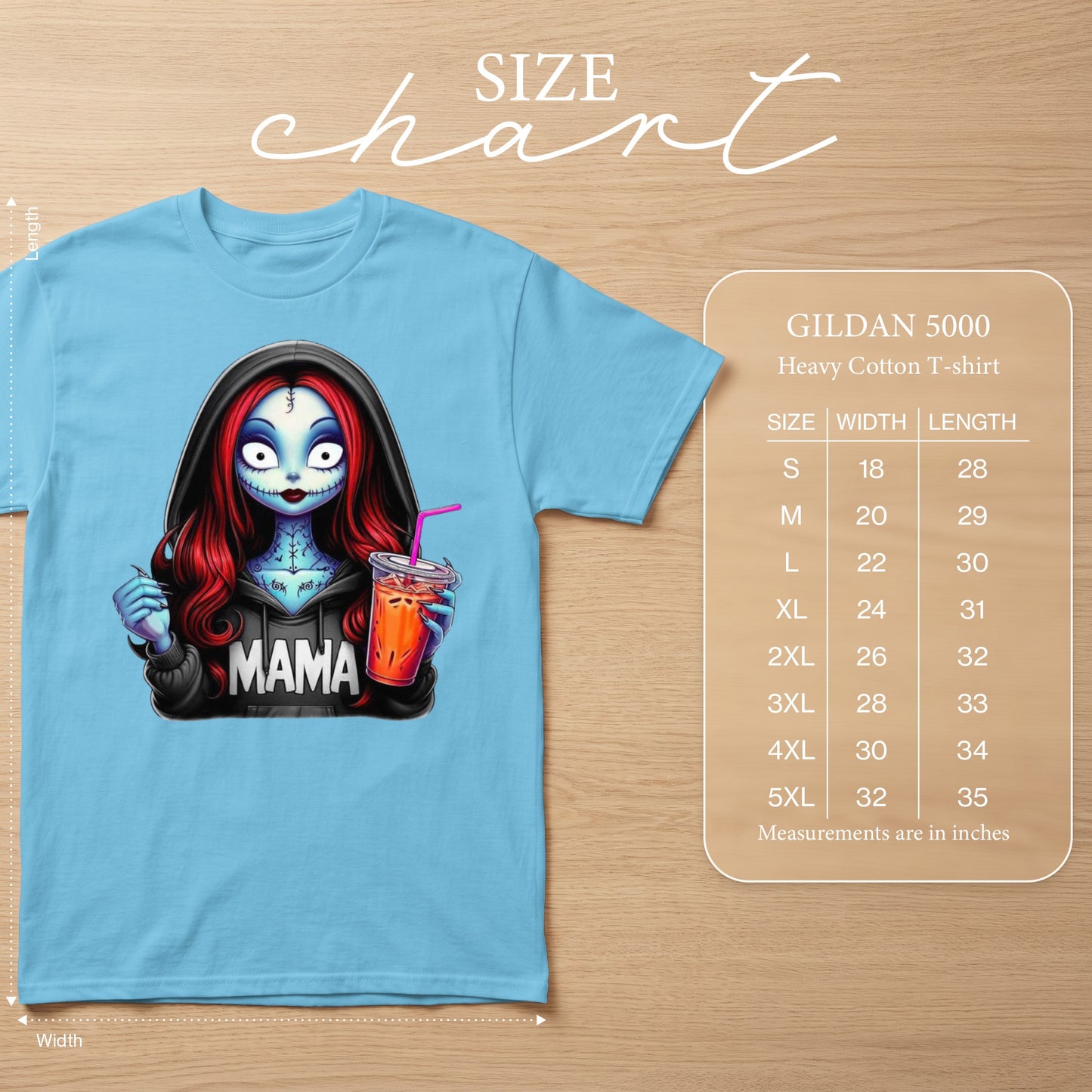Light blue Gildan 5000 t-shirt with "Mama" and gothic skeleton girl graphic.