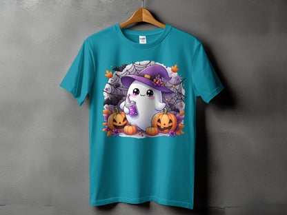 Teal t-shirt with a Halloween graphic of a ghost wearing a witch hat holding a drink.