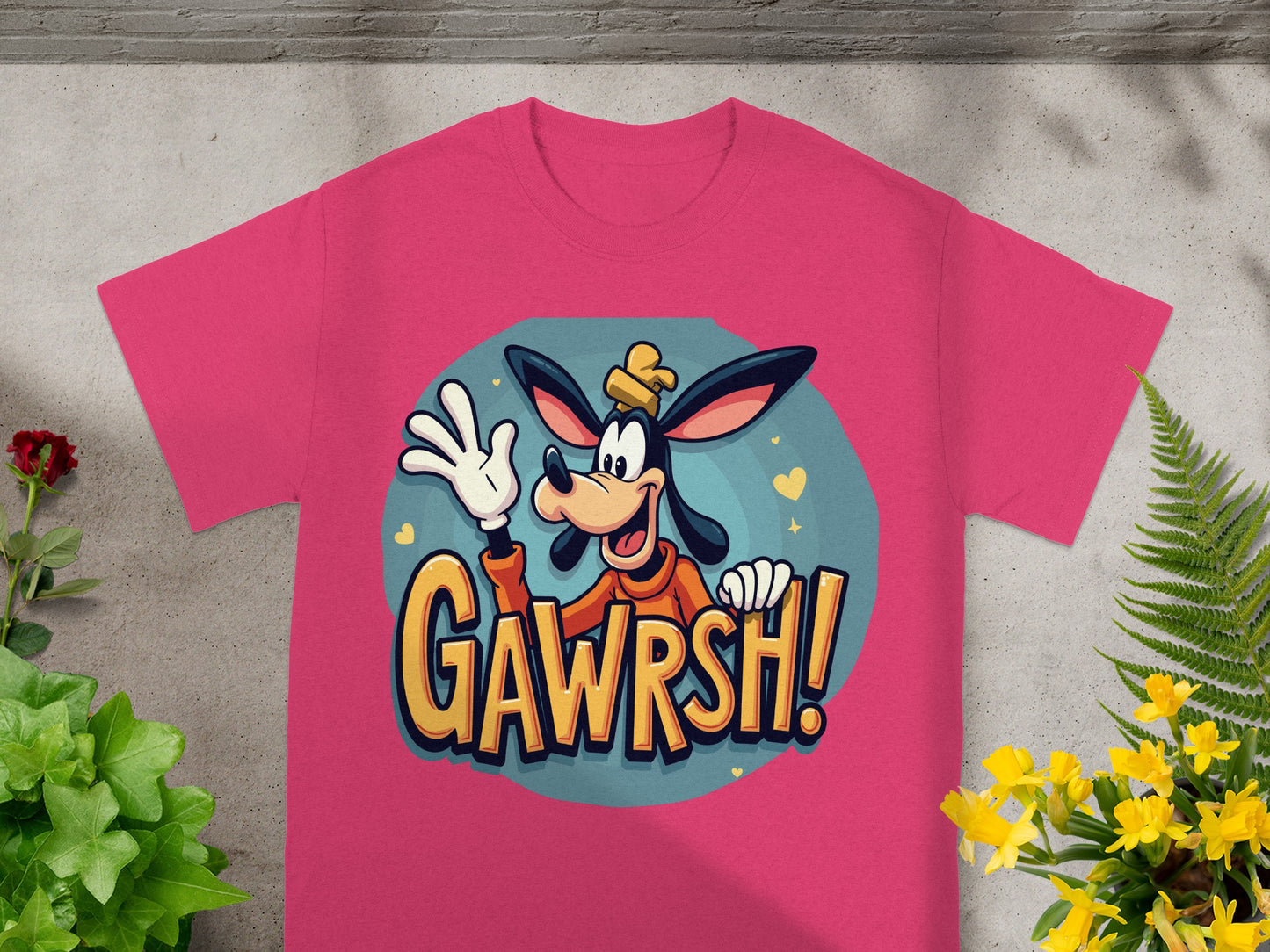 Pink t-shirt with Goofy's face and "GAWRSH!" text.