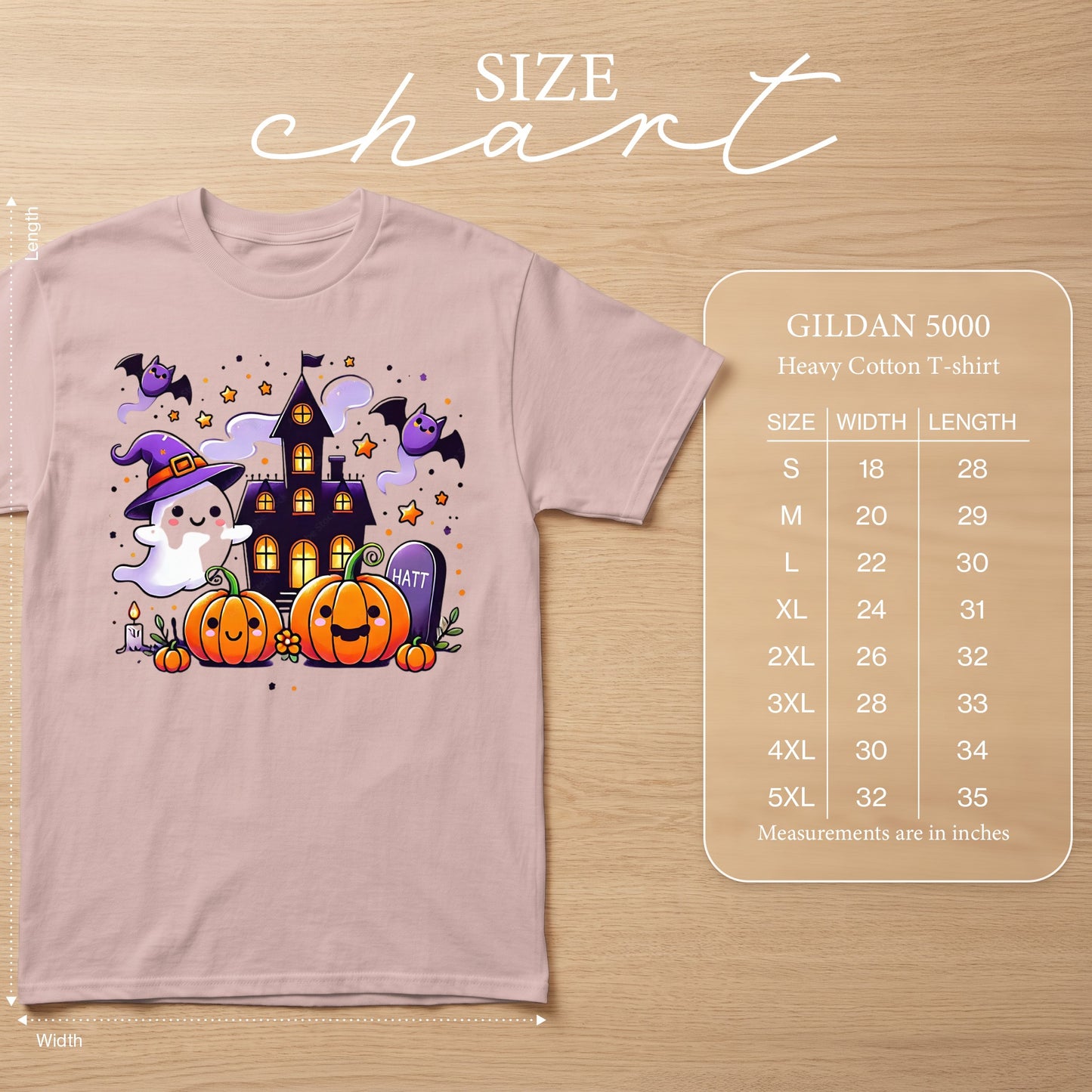 Pink t-shirt with Halloween graphic and Gildan 5000 size chart.