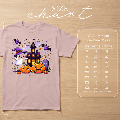 Pink t-shirt with Halloween graphic and Gildan 5000 size chart.
