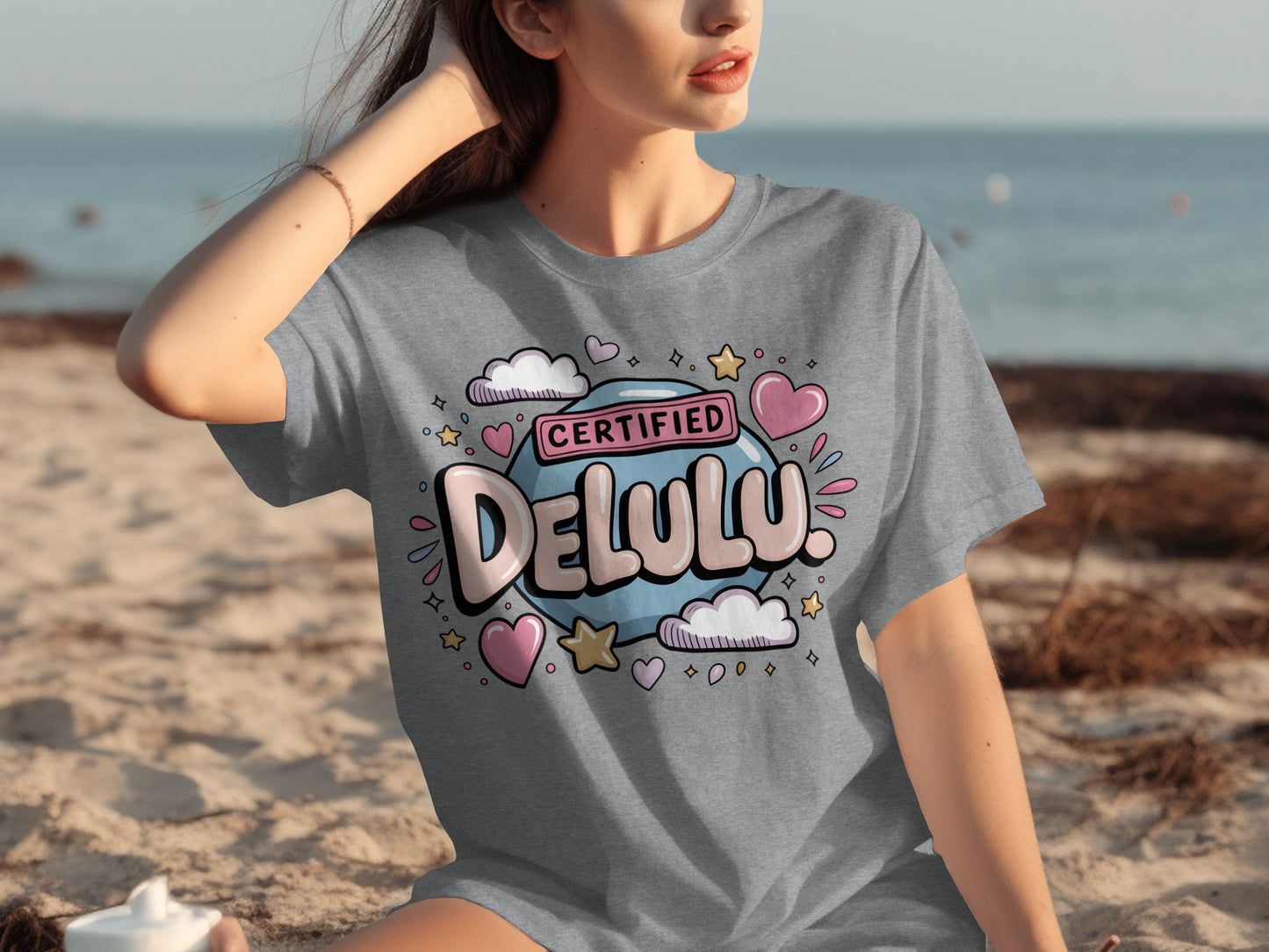 Certified Delulu Cute Hearts and Stars Design T-Shirt