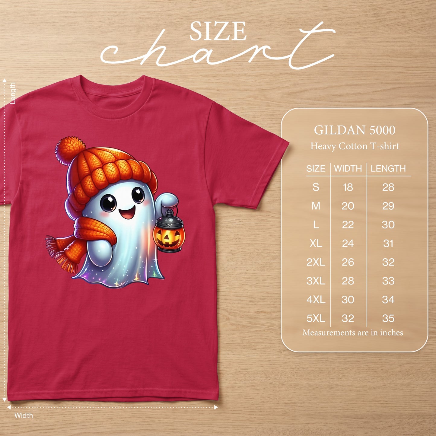 Gildan 5000 Heavy Cotton T-shirt size chart with cartoon ghost graphic.