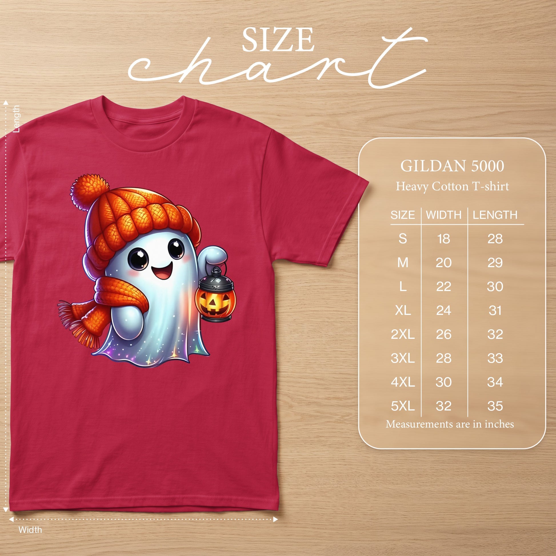 Gildan 5000 Heavy Cotton T-shirt size chart with cartoon ghost graphic.