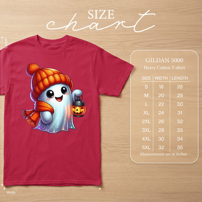 Gildan 5000 Heavy Cotton T-shirt size chart with cartoon ghost graphic.