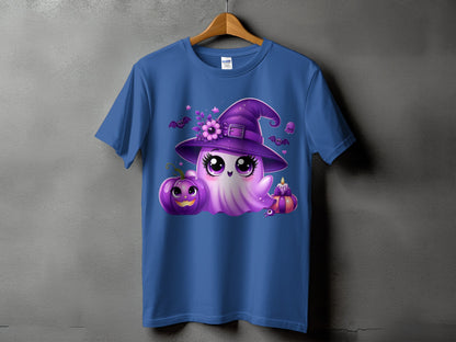 Purple ghost with witch hat, pumpkin, and candle graphic on a blue t-shirt.