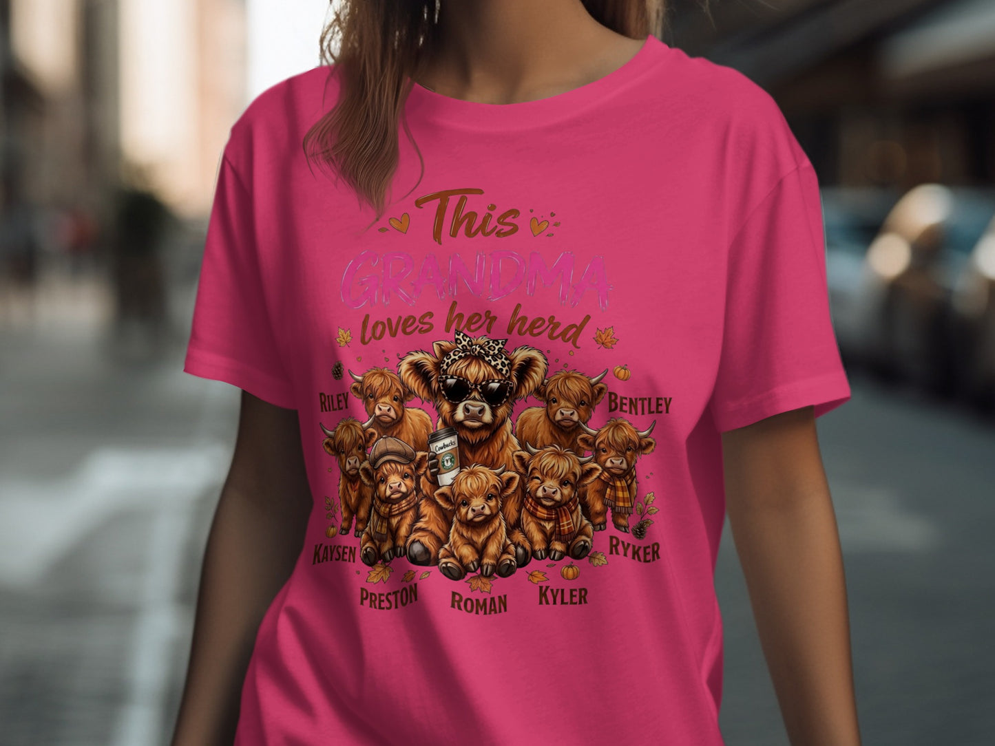 Pink t-shirt with "This GRANDMA loves her herd" and Highland cows with names.