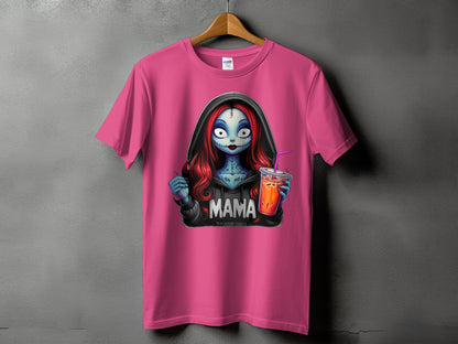 Pink t-shirt with a graphic of a character with blue skin, red hair, holding a drink.