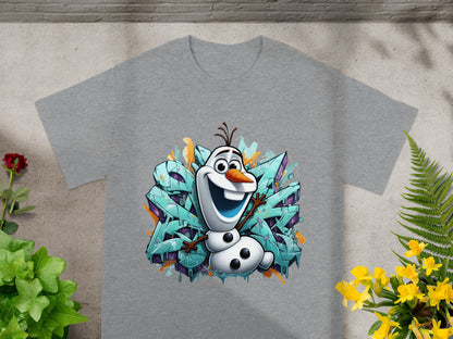 Olaf the snowman in a colorful graffiti art style on a gray t-shirt.