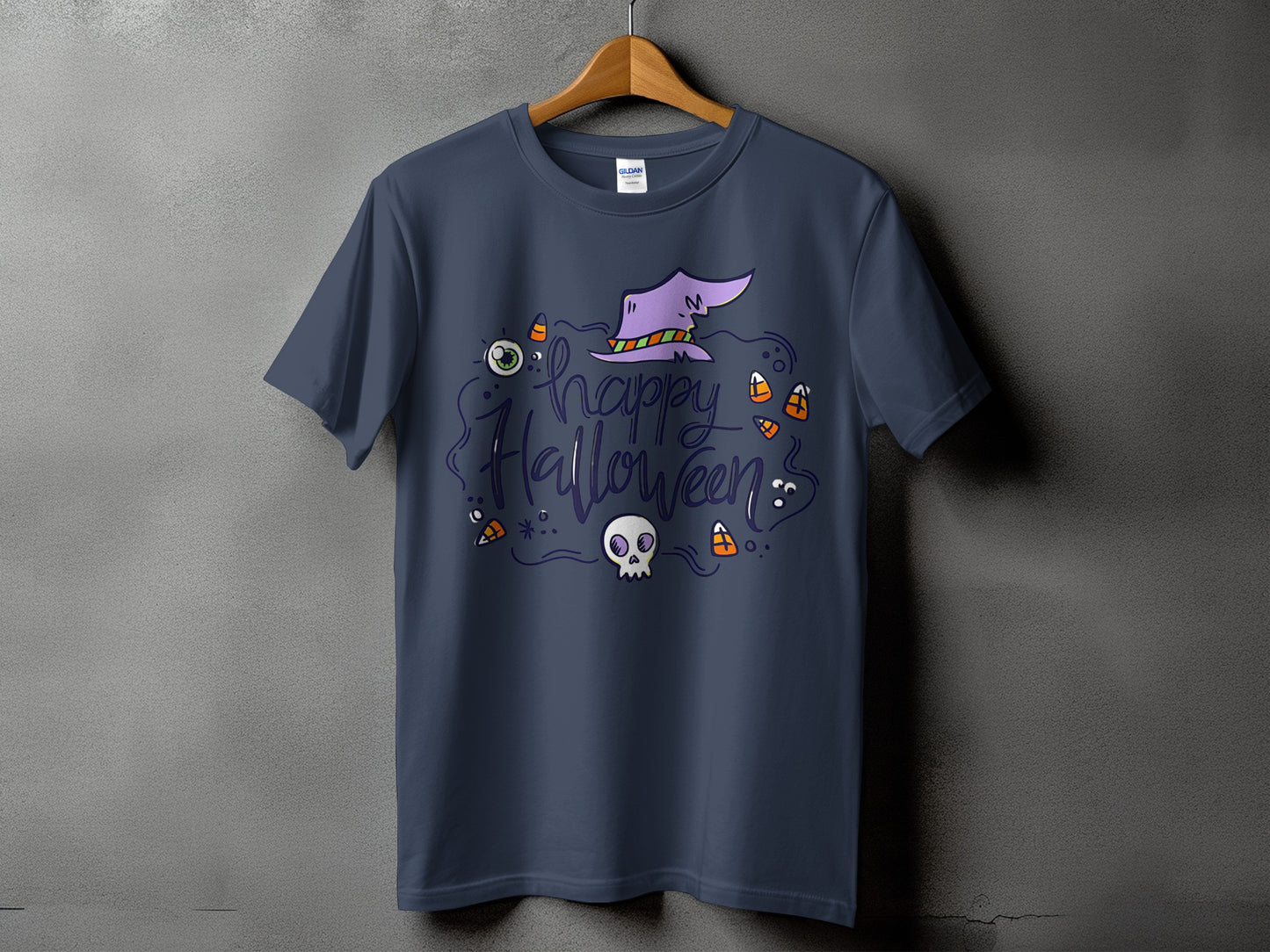 Dark blue t-shirt with "Happy Halloween" text, witch hat, skull, and candy corn.