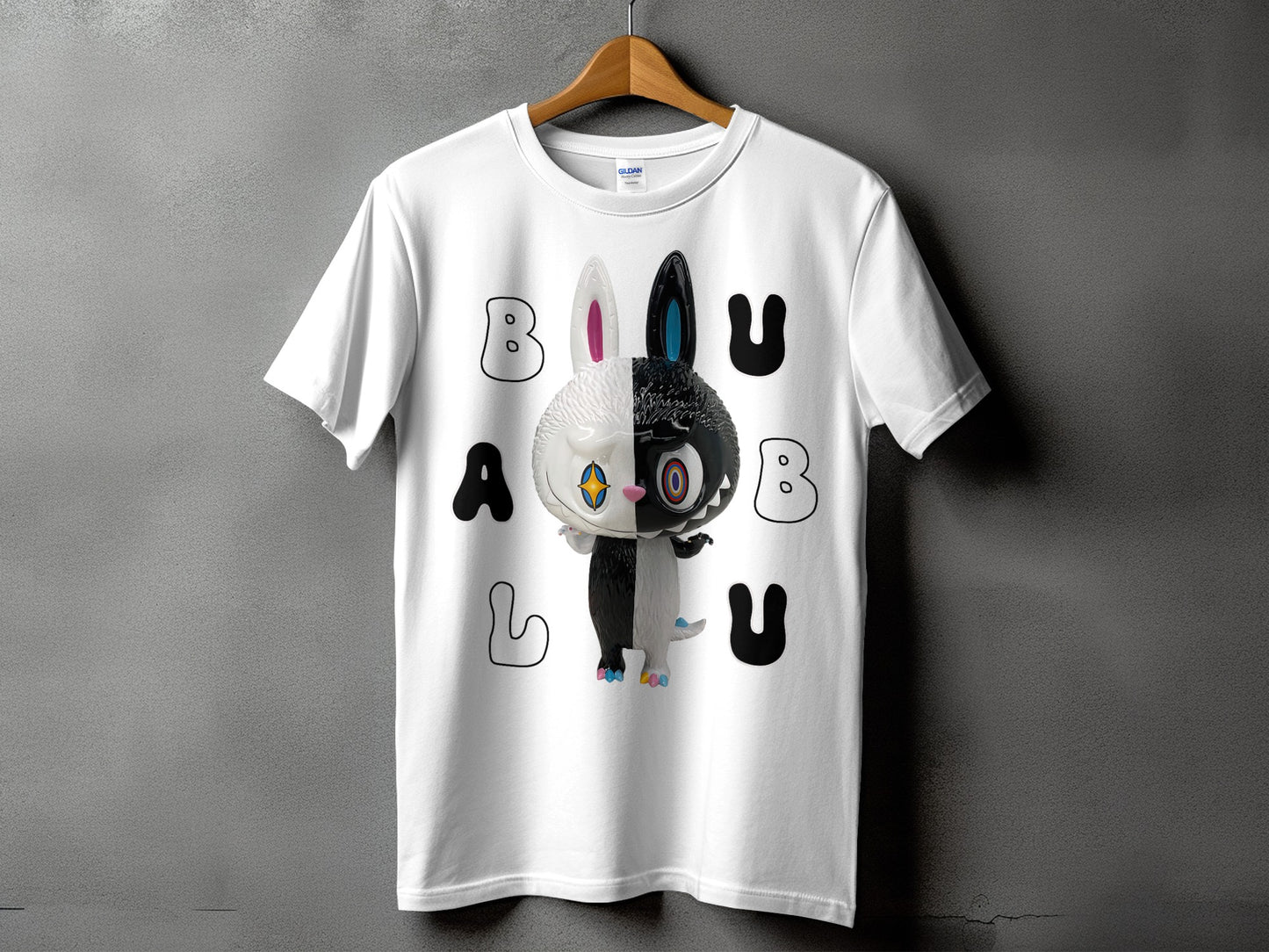 White t-shirt with black and white split bunny design and "BALU" text.