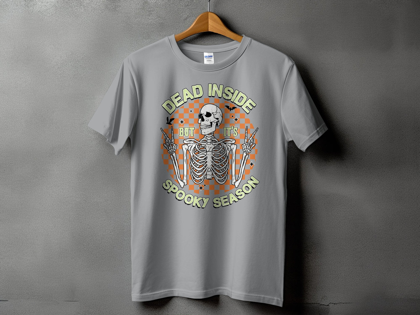 Grey t-shirt with skeleton graphic and text: "Dead Inside But It's Spooky Season".