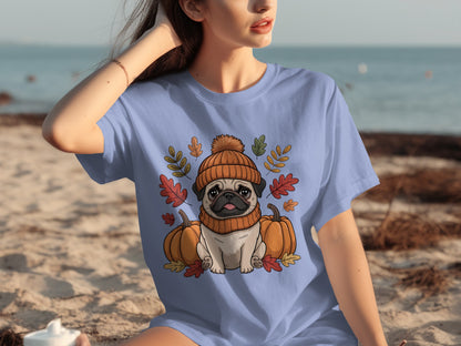 Cute Pug Autumn Leaves Pumpkins Graphic T-Shirt Product
