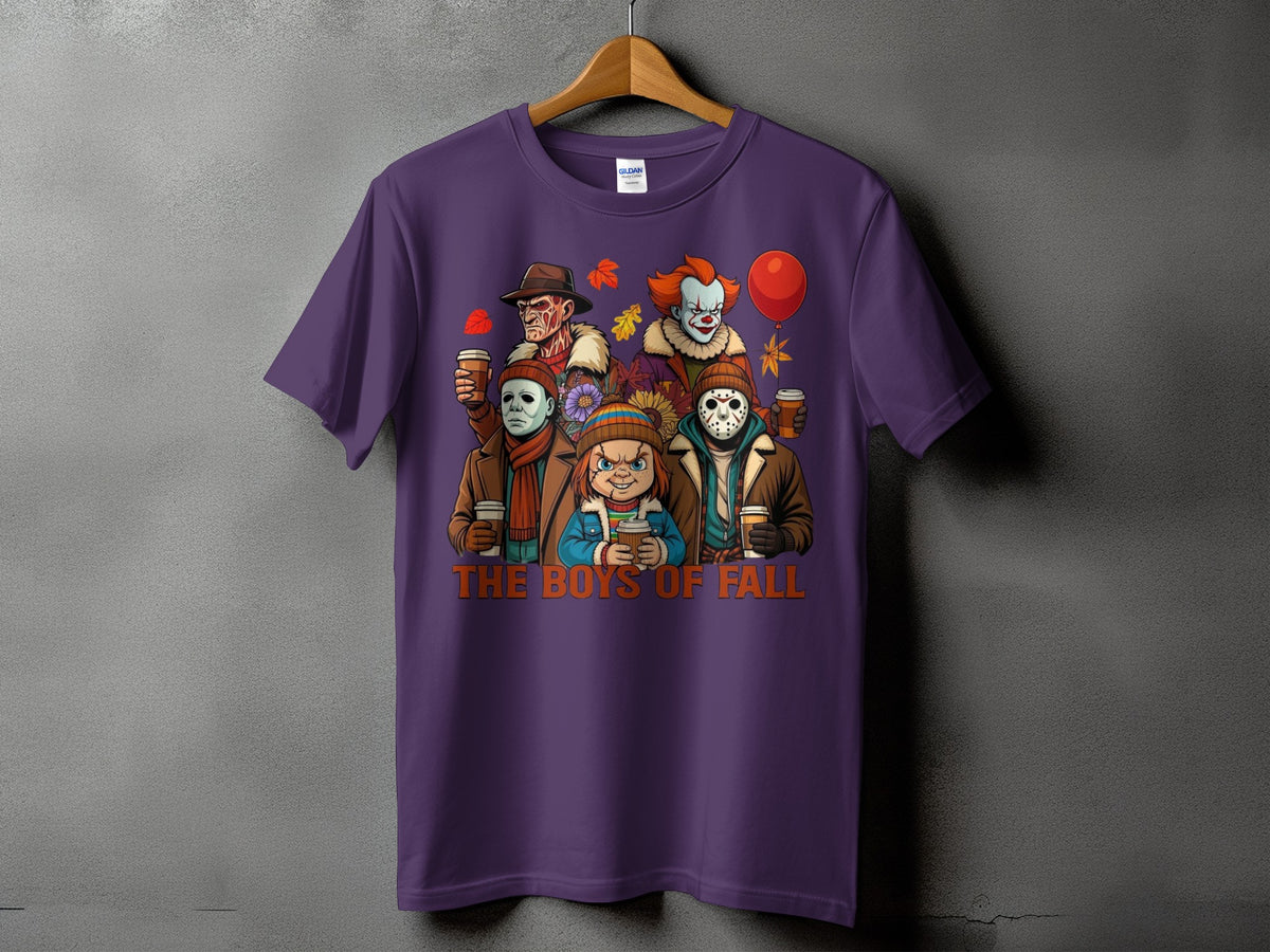 Purple t-shirt with horror characters and the text "THE BOYS OF FALL".