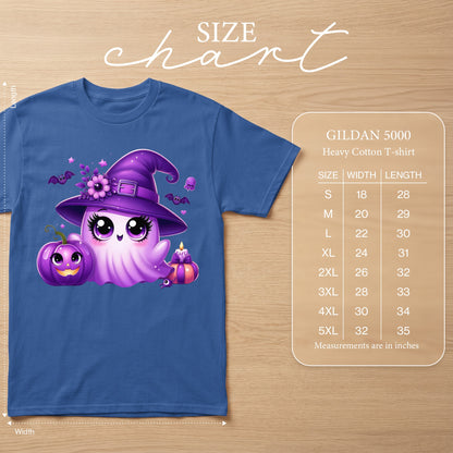 Purple ghost with witch hat and pumpkin on blue Gildan 5000 heavy cotton t-shirt with size chart.