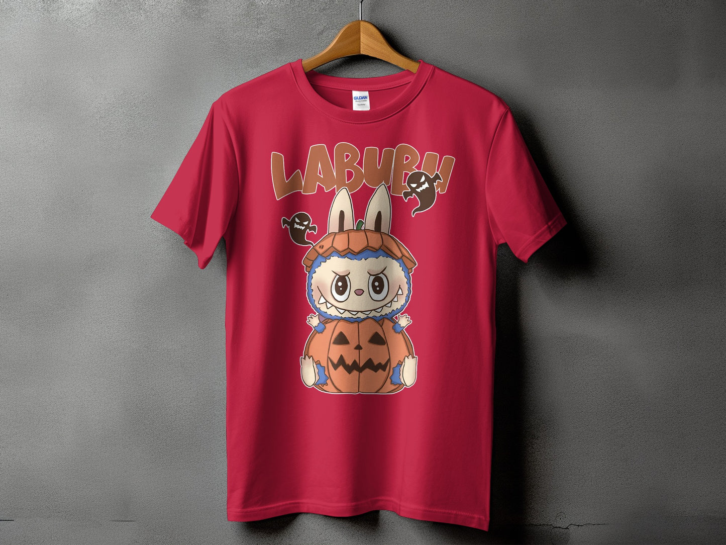 Red t-shirt with cartoon character sitting in a pumpkin and "LABURR!" text.