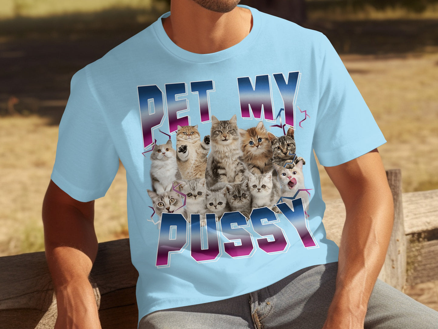 Pet My Pussy Cute Cats Blue Graphic T-shirt