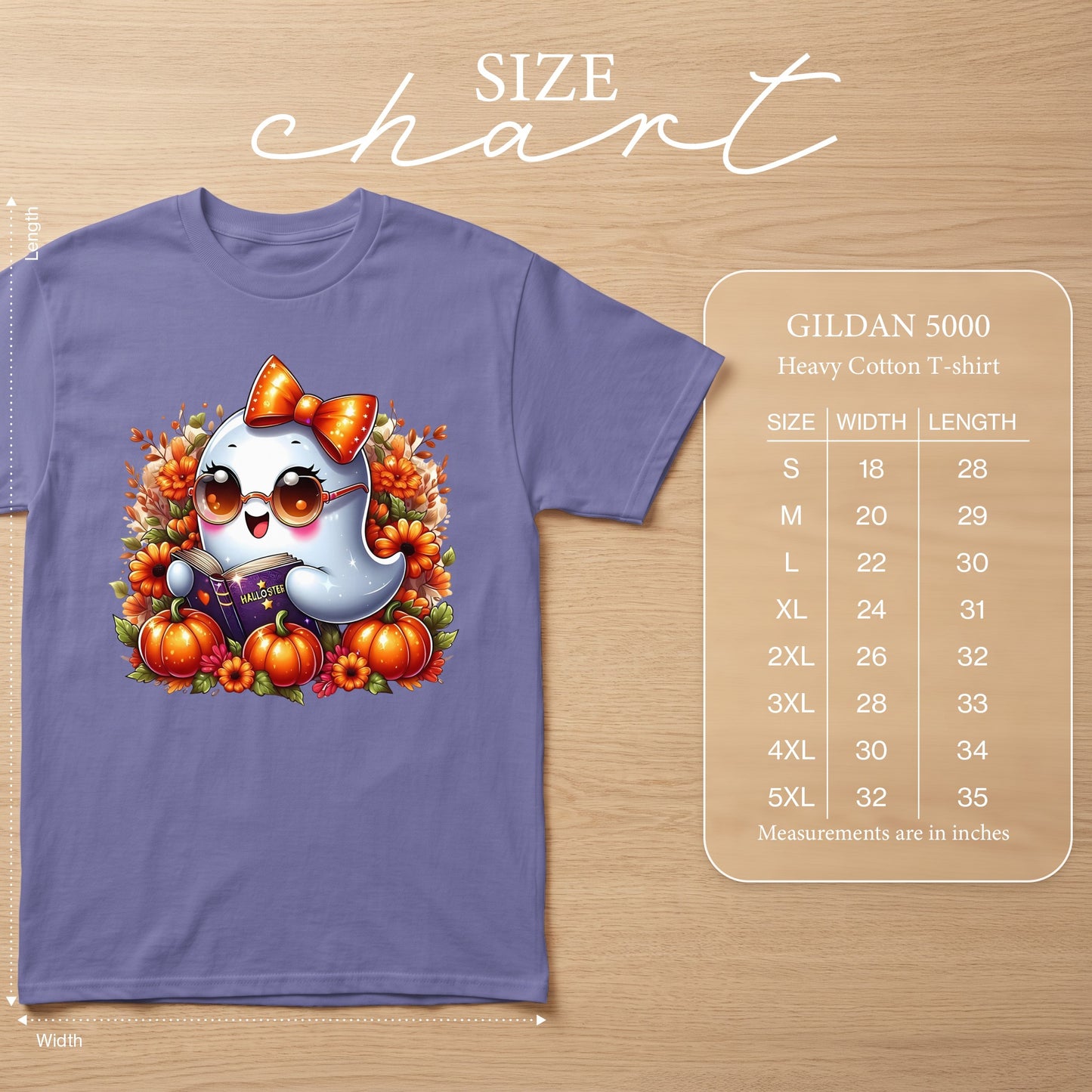 Purple Gildan 5000 heavy cotton t-shirt with a cute ghost reading a book.