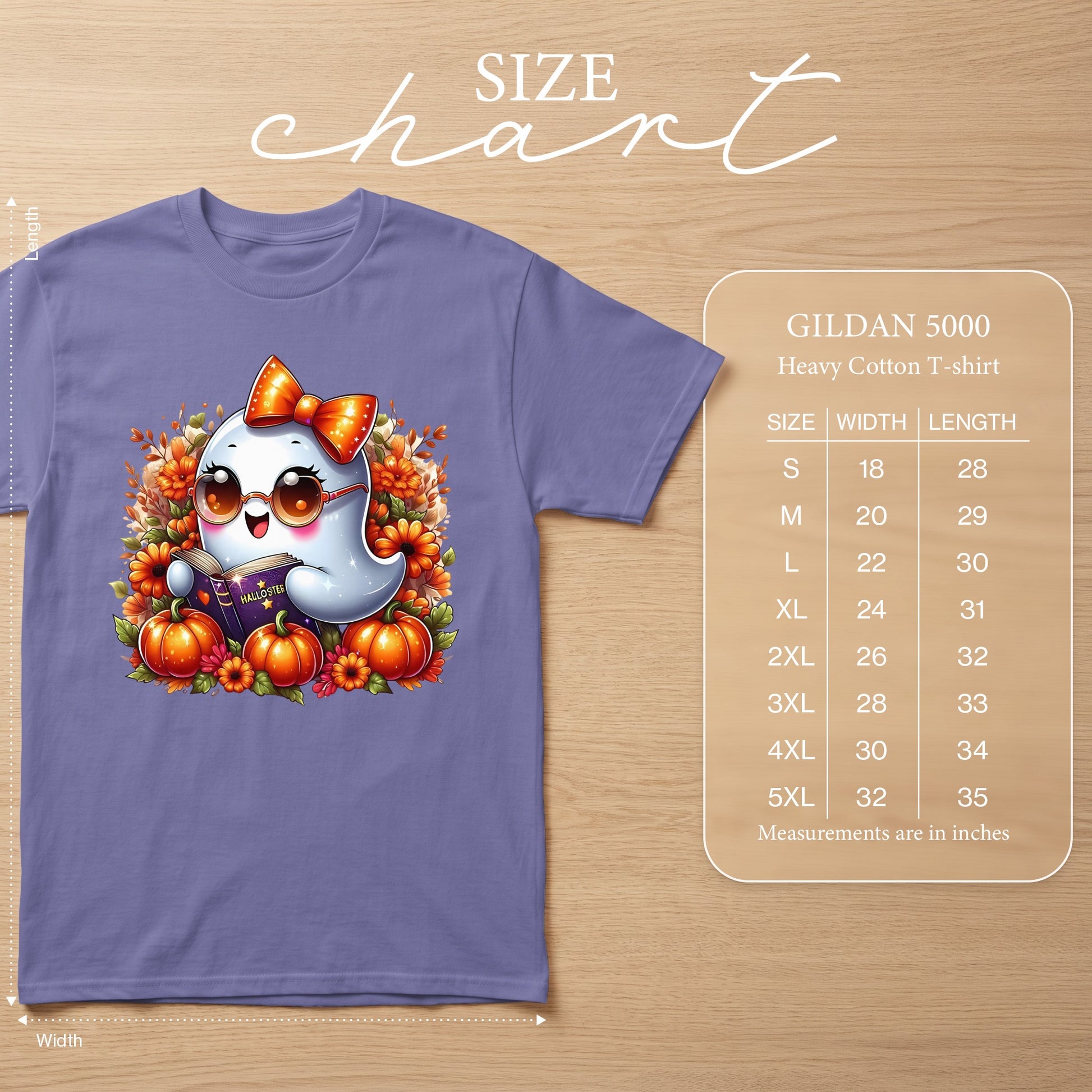 Purple Gildan 5000 heavy cotton t-shirt with a cute ghost reading a book.