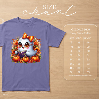 Purple Gildan 5000 heavy cotton t-shirt with a cute ghost reading a book.