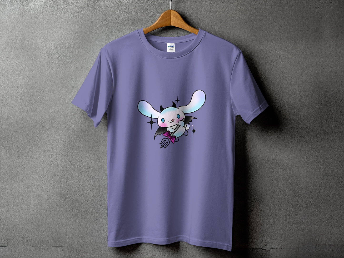 Purple t-shirt with a cartoon character wearing a devil costume and holding a trident.