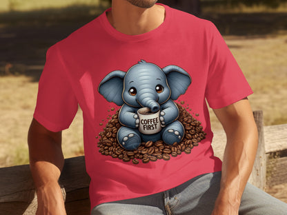 Cute Elephant with Coffee First Unisex T-shirt