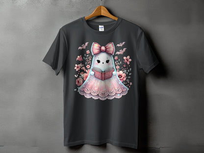 Gray t-shirt with a cute ghost reading a book, surrounded by flowers and bats.