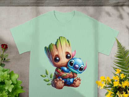 Groot hugging Stitch on a light green t-shirt.