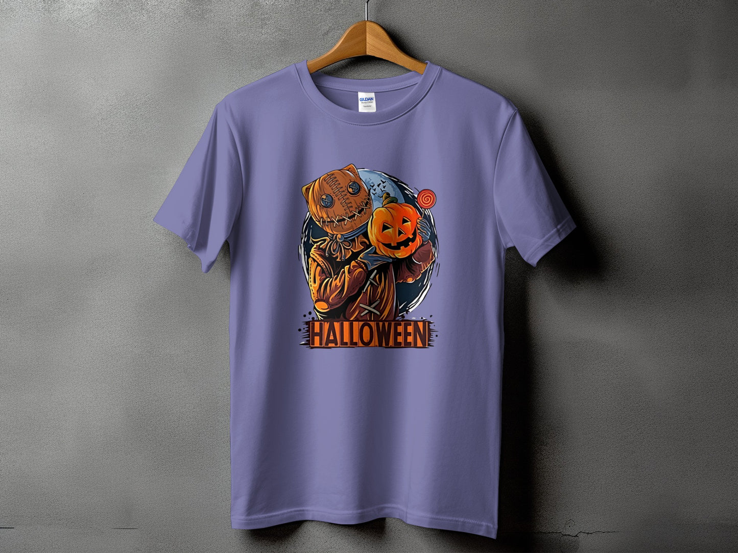 Purple t-shirt with jack-o'-lantern character and "HALLOWEEN" text.